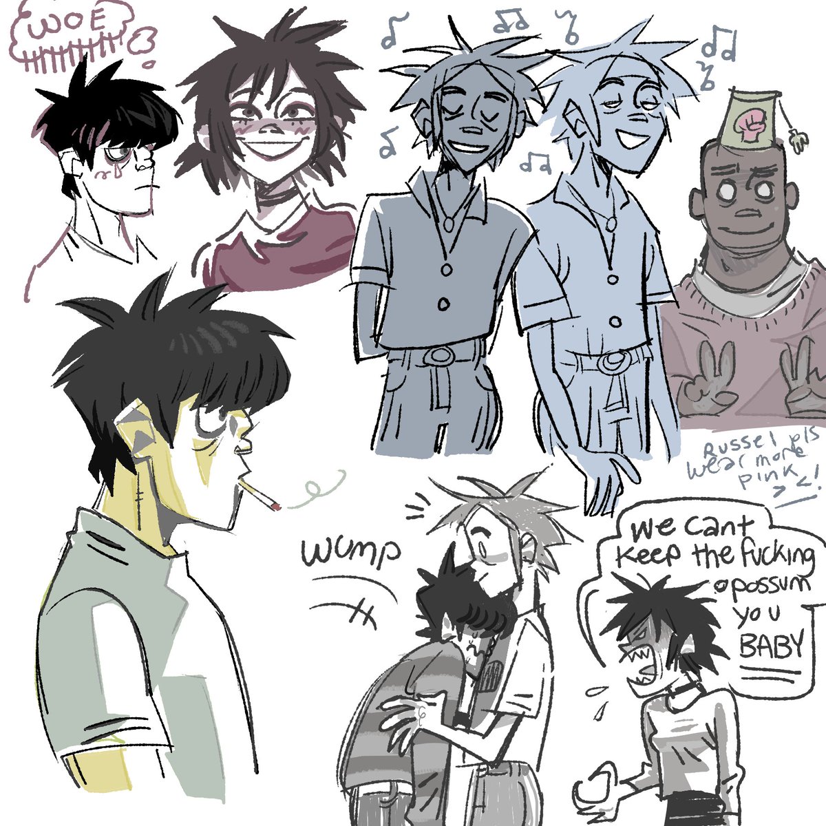 sketch dump. might finish some of them idk. my brain is so scattered. this is all i can offer u___u ( gorillaz ) 