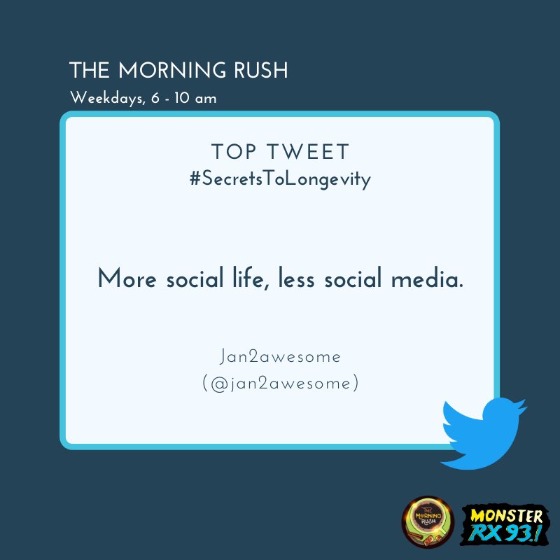 RX931's tweet photo. #SecretsToLongevity from @jan2awesome
#TheMorningRush #Quaran10 https://t.co/AQ862CfCpr