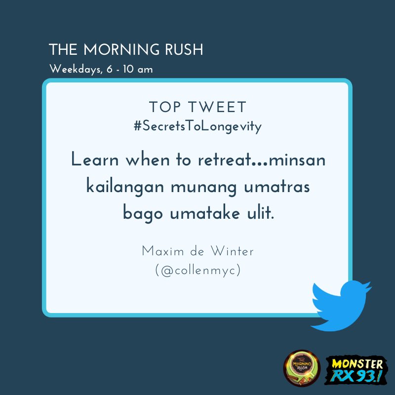 RX931's tweet photo. #SecretsToLongevity from @colleenmyc
#TheMorningRush #Quaran10 https://t.co/nkaQEVNgiu