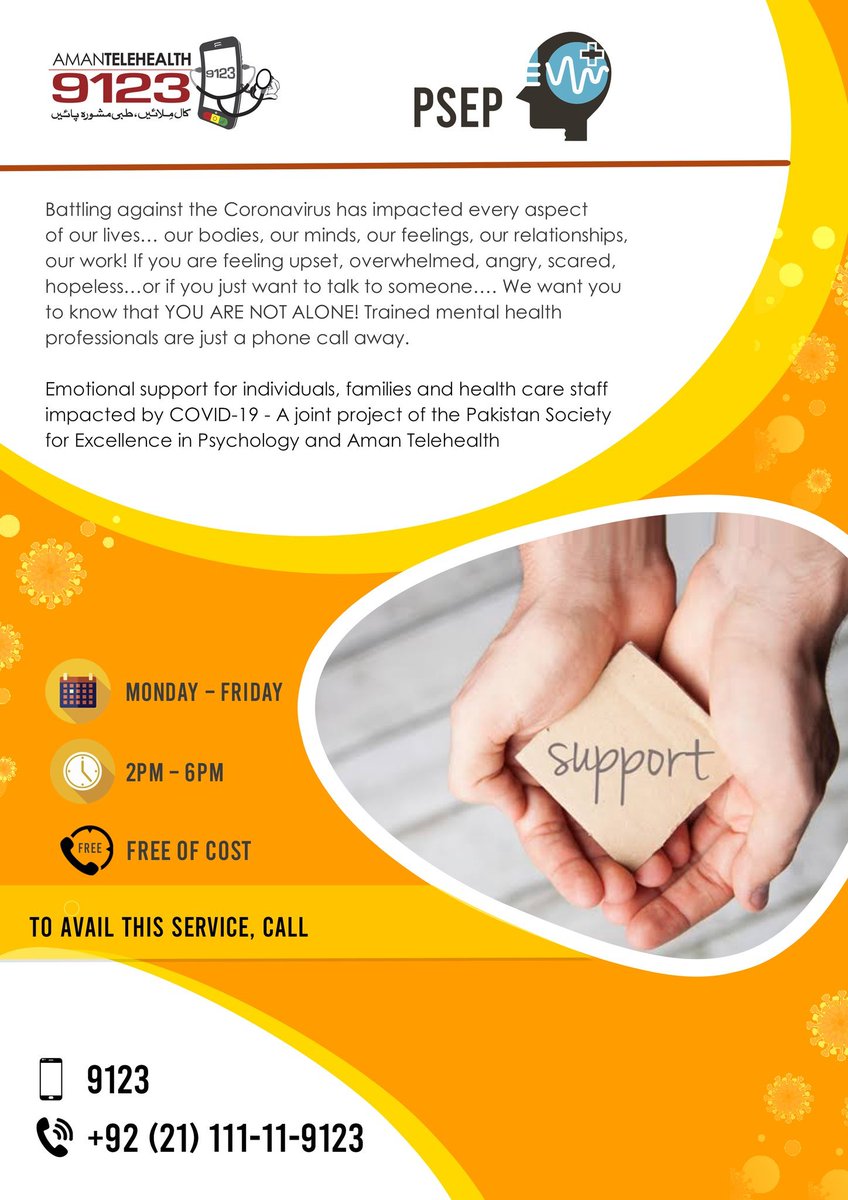 [Mental health]Aman TeleHealthHelplines: 9123 (mobile) 111-11-9123 (landline)Operating hours: Monday - Friday, 2pm - 6pm.Provides emotional support to individuals, families and healthcare pros impacted by COVID-19. It also connects individuals to other health professionals