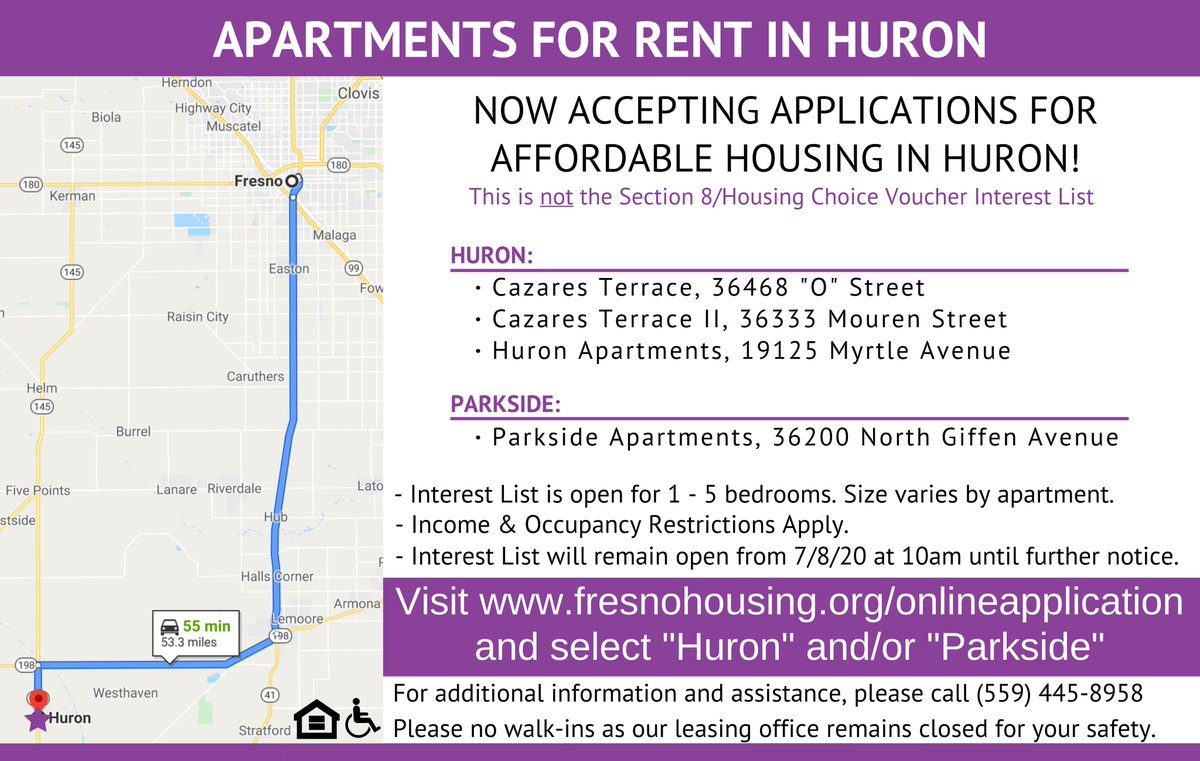 FresnoHousing's tweet photo. Now accepting applications for Low-Income Public Housing (#LIPH) &amp; Affordable Housing in #Huron. This is NOT the Housing Choice Voucher/Section 8 Interest List

Must apply online at https://t.co/fRMrkn8Fnw and select “Huron” and/or “Parkside”

For information, call 559.445.8958 https://t.co/qjlv8VcMkk