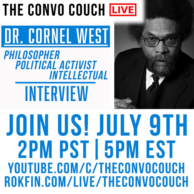 Yes that is correct, @CornelWest is joining The Convo Couch TOMORROW! Make sure to tune in :)

Link in bio via YouTube and Rokfin :)
#cornel #cornelwesttheory #cornelwest #cornelwestquotes #drcornelwest #cornellwest #drcornellwest #progressive #blm #interview #cornelwestmatters
