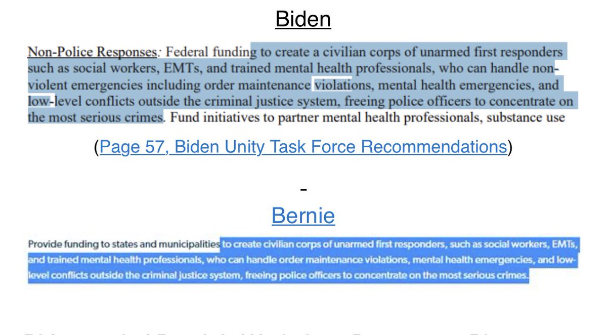 THREAD. Today, Joe Biden’s unity task force released recommendations for the DNC platform that crib straight from Bernie Sanders’ radical agenda.We found multiple instances of word-for-word copying from Bernie.Biden’s Criminal Justice Unity Task force copied Bernie.