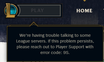 PleaseHelpMe146's tweet image. SSLogged in to this error @RiotSupport . Already submitted a ticket. Has anyone else experienced Error 9S and have any possible fixes? #LeagueOfLegends #TeamFightTactics #error