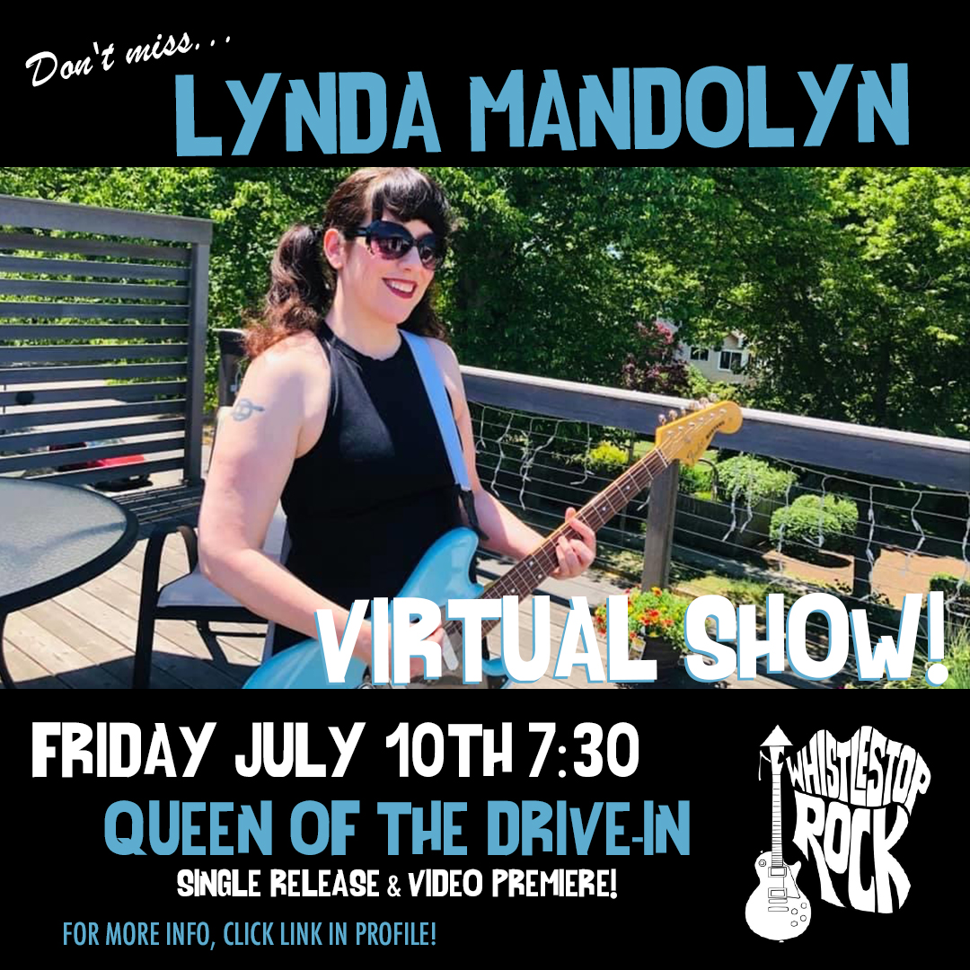 Lynda Mandolyn, amazing pop rock solo performer, Tiger Bomb and Crystal Canyon rocker, the devilishly heavenly cover model for Whistlestop Rock’s summer song QUEEN OF THE DRIVE-IN! #whistlestoprock #whistlestopqueens #queenofthedriveIn #bostonrock #womeninmusic