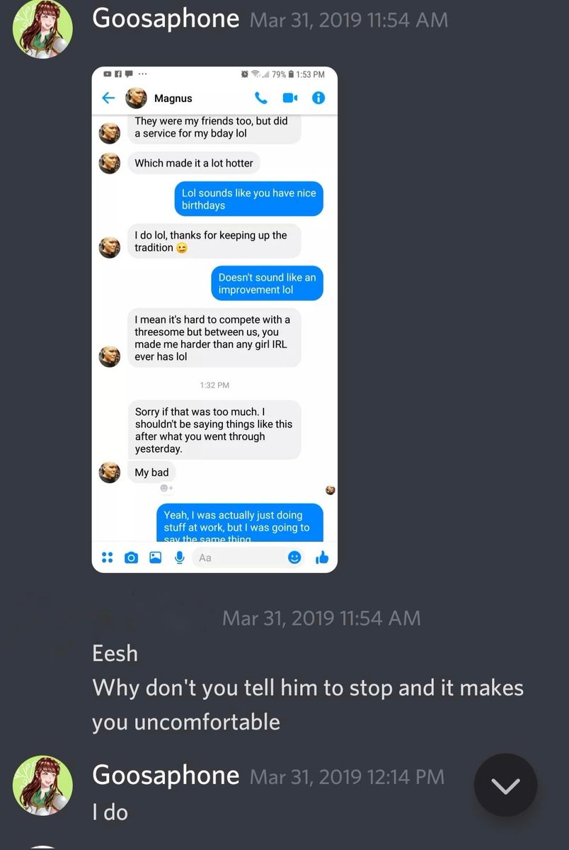 Goosaphone's tweet photo. "Why didn't you speak up until now?"
I brought it up to Mangs. He would stop, but things would always spiral out of control eventually.
I spoke up to people I trusted who I BEGGED never to share anything.
I was concerned about this way before Anime North. https://t.co/CDSBOXmDa2