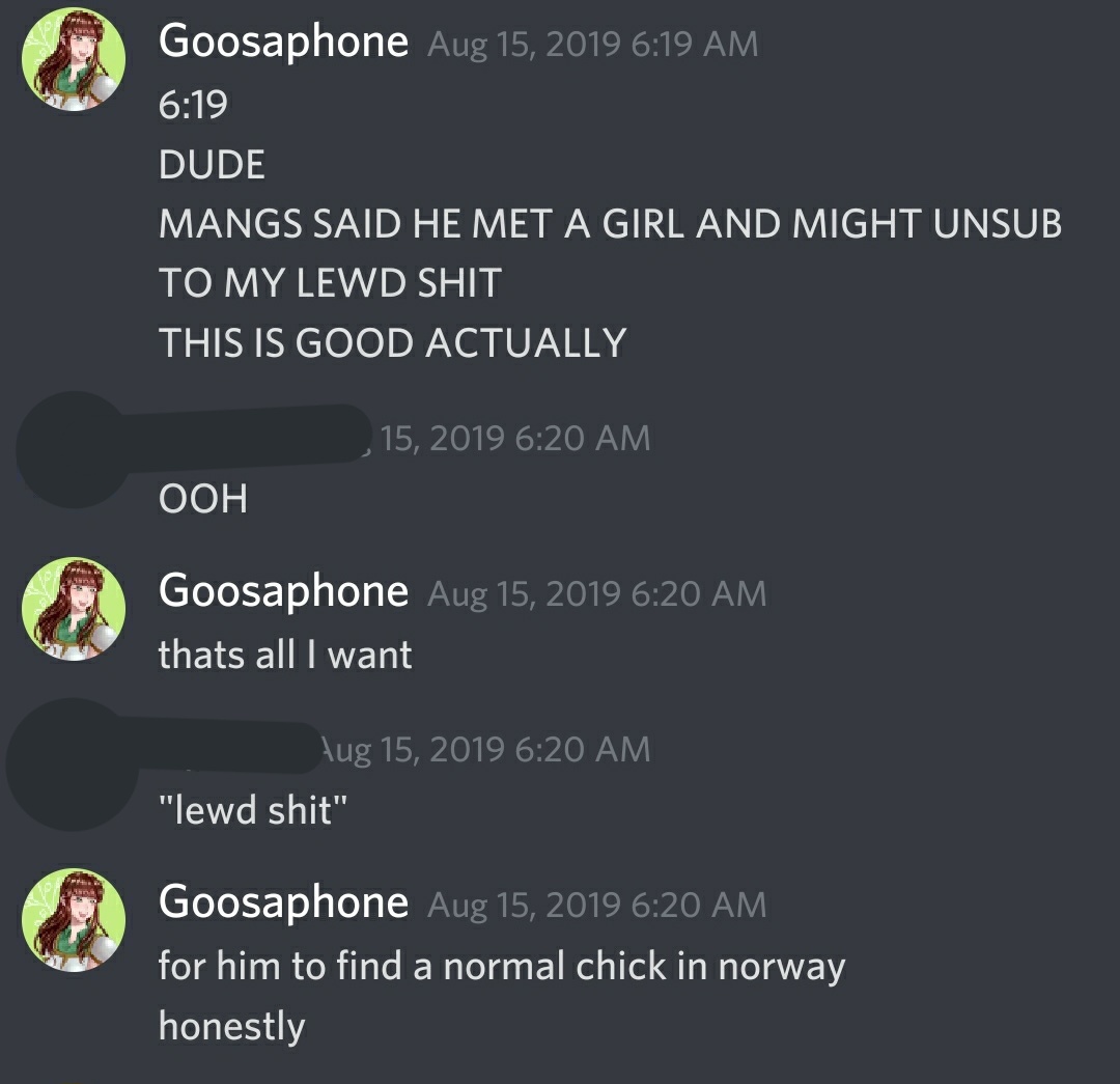 Goosaphone's tweet photo. "Why didn't you speak up until now?"
I brought it up to Mangs. He would stop, but things would always spiral out of control eventually.
I spoke up to people I trusted who I BEGGED never to share anything.
I was concerned about this way before Anime North. https://t.co/CDSBOXmDa2