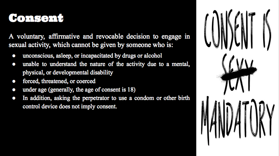 This is the definition of consent. People can reject consent verbally and non-verbally. Verbal non-consent: “No”, “Stop”, “Don’t”/ I dont want to , “I’m not comfortable”Non-verbal non-consent: silence, shying away, pushing away, avoiding touching/engaging