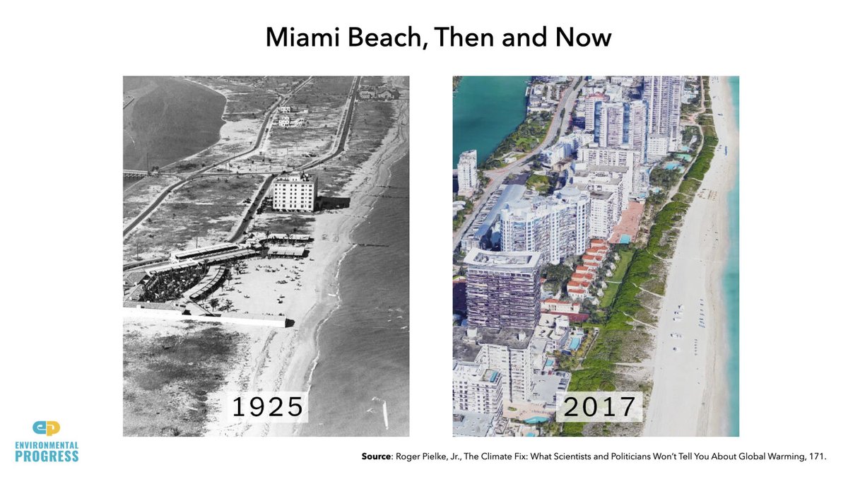 Climate change is not making disasters worse. How could it be? *Disasters aren't getting worse.* They are getting better. Deaths from disasters has declined 90+%. Costs of disasters not rising, when one accounts for rising wealth. Just look at Miami Beach https://environmentalprogress.org/apocalypse-never-slide-deck