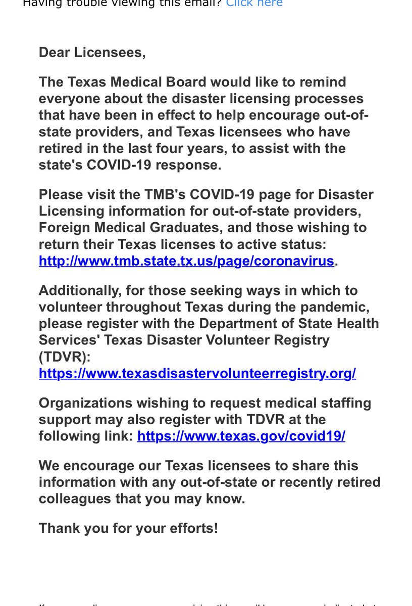 Call out by #TexasMedicalBoard for retired and out of state physicians to help physician workforce🙏support #s948 #s3599 #covid19 #NationalEmergency #VisaRestrictions ⁦@WearePAHA⁩ @SenTedCruz @texmed ⁦⁦@John Cronyn⁩ #TexasNeedsPhysicians #MobilizeTheNationalPool