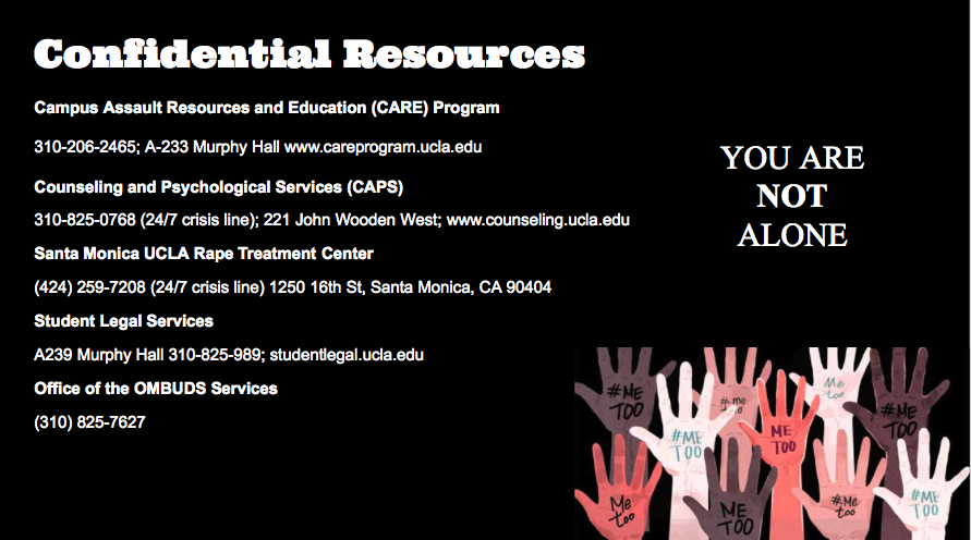 Here are some confidential and non-confidential resources. Some are specifically catered to UCLA students, but feel free to add any more below!