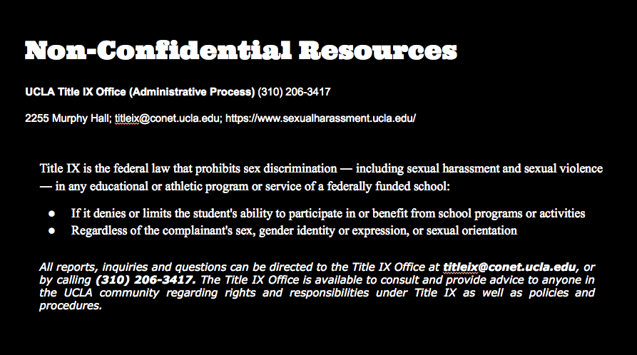 Here are some confidential and non-confidential resources. Some are specifically catered to UCLA students, but feel free to add any more below!
