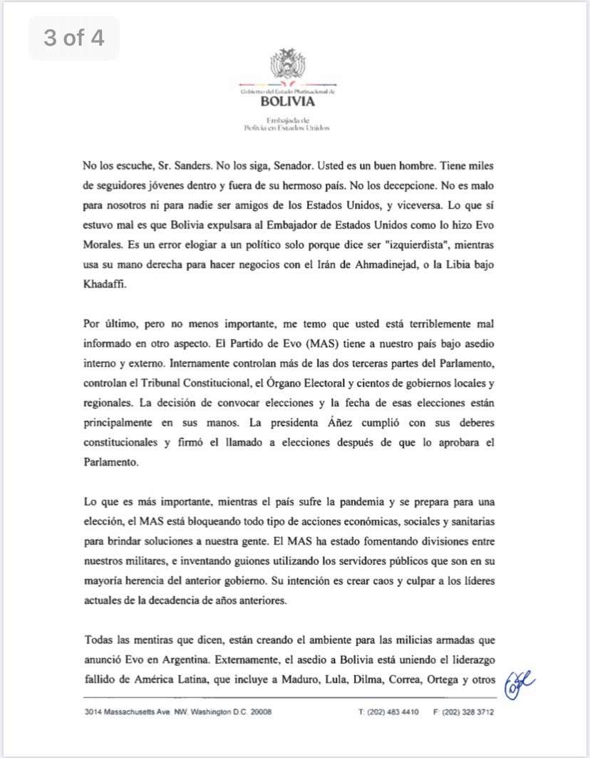 oserrate's tweet photo. Al Honorable Senador @BernieSanders, No es justo que usted use a Bolivia como carne de cañon en su lucha contra el Presidente Trump...

@JeanineAnez @SecPompeo @KarenLongaric https://t.co/TbXDUPGONm