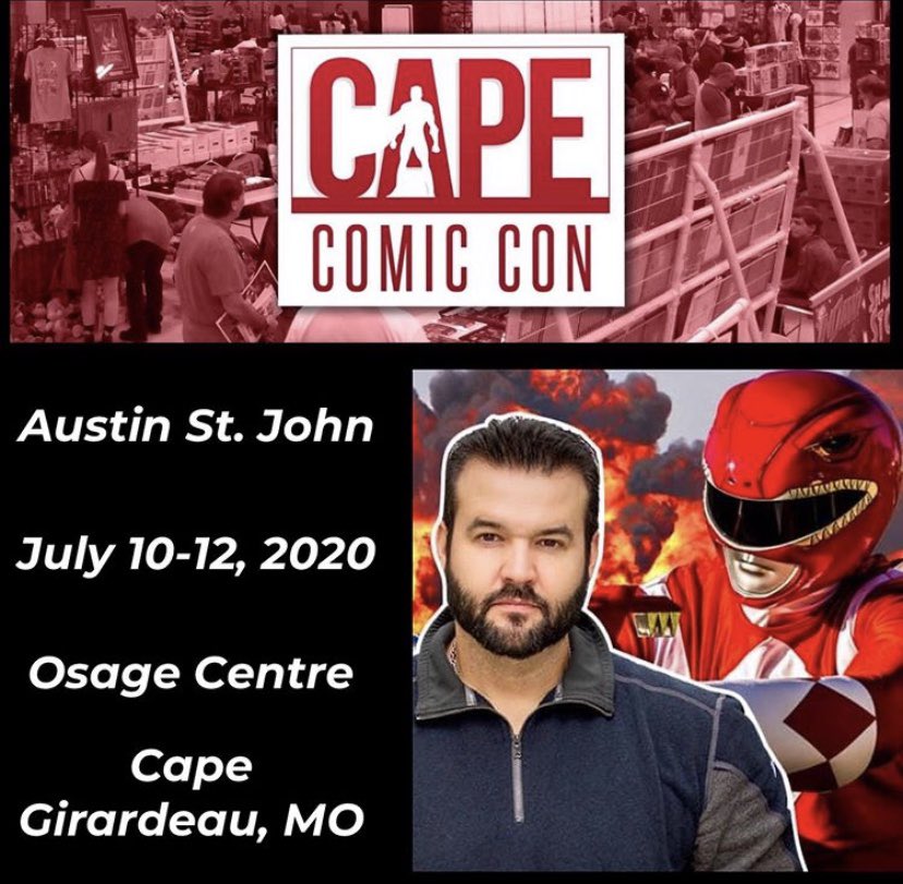 GalacticProds's tweet photo. Cape Girardeau, MO- Meet Austin St. John this weekend at Cape Comic Con this weekend July 10-12, 2020.
#CapeComicCon #ASJ #AustinStJohn #MMPR #MightyMorphin #PowerRangers #RedRanger #Zeo #GoldRanger #TeamGalactic #GalacticProductions #MaskItOrCasket https://t.co/eZ0iZk0xHW