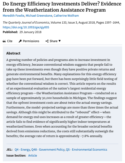 The Biden Climate Plan falsely claims investing "tens of billions" into energy efficiency will pay for itselfBut the last time the government did this, "the upfront investment costs [were] about twice the actual energy savings," according to major study https://academic.oup.com/qje/article-abstract/133/3/1597/4828342?redirectedFrom=fulltext