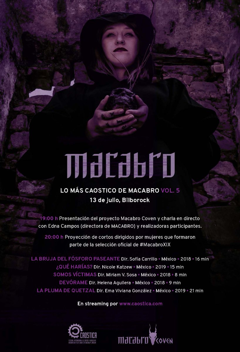 CovenMacabro's tweet photo. El próximo lunes 13 estaremos presentes de forma virtual en la primera jornada de actividades de 
@caostica_org  para presentar "Lo más caostico de Macabro Vol. 5", dedicado al #MacabroCoven.

Aquí les dejamos la programación y la imagen dedicada al magno evento. https://t.co/owdouGcmbN