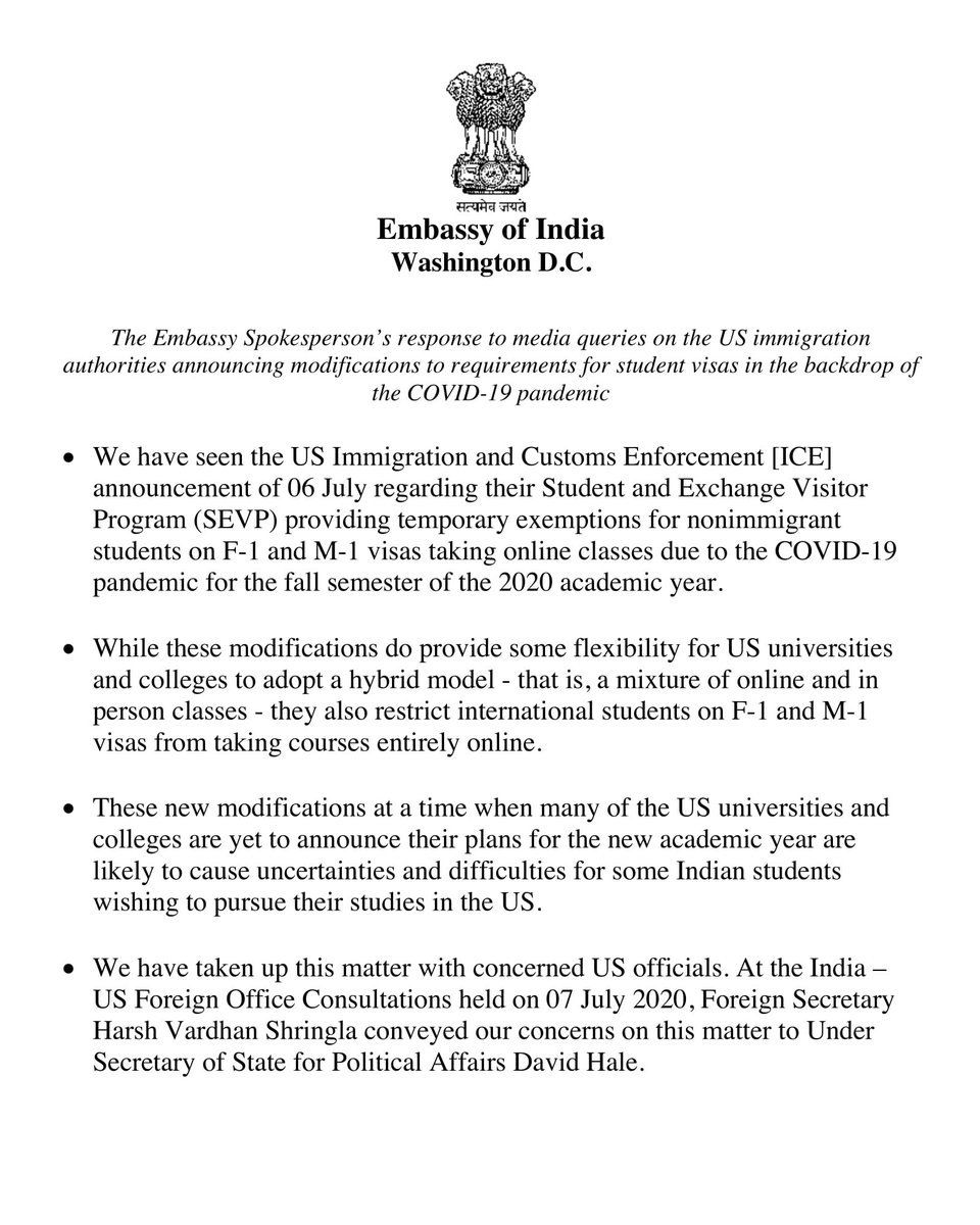 RohanRoger's tweet image. The @IndianEmbassyUS’s spokesperson has released a response to media queries on the US immigration authorities announcement... read at indianembassyusa.gov.in/News?id=24997 and on the #IndiaStudentHub website. #internationalstudents #IndianStudents #f1visa