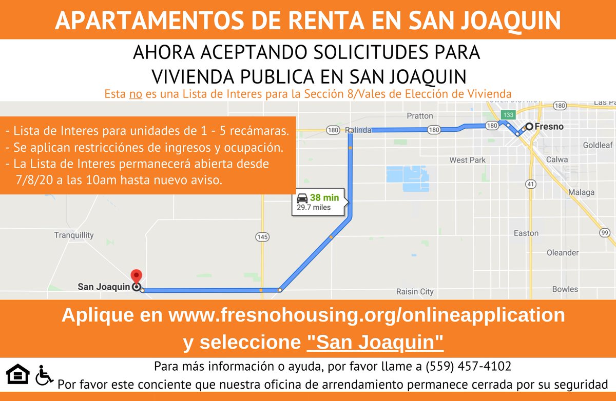 FresnoHousing's tweet photo. Now accepting applications for Low-Income Public Housing (#LIPH) in #SANJOAQUIN.

Please note: This is NOT the Housing Choice Voucher/Section 8 Interest List

To apply, visit https://t.co/fRMrkn8Fnw and select “San Joaquin”

For additional information please call (559) 457-4102 https://t.co/j6CPr41QZe