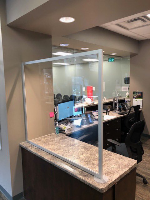 pragernuform's tweet photo. Our permanent counter barriers and waiting room shields are among our many #safetysolutions. These barriers use simple metal frames that are easy to clean and attractive. Customizable to your space, these #safetyshields are key to everyone’s #safety. https://t.co/fwZrPtGsOE