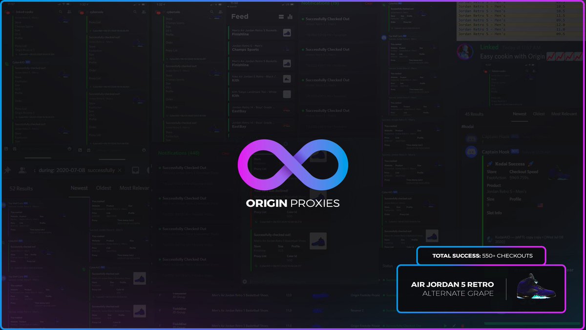 OriginProxies's tweet photo. We began our beta testing just under 2 weeks ago, and on our first major release, we're proud to say we were successful!

On today's Jordan 5 'Alternate Grape', we secured over 550 pairs with less than 40 users running! 🥳

Also, we're going to be giving beta to some retweeters! https://t.co/IlAquSHzWW