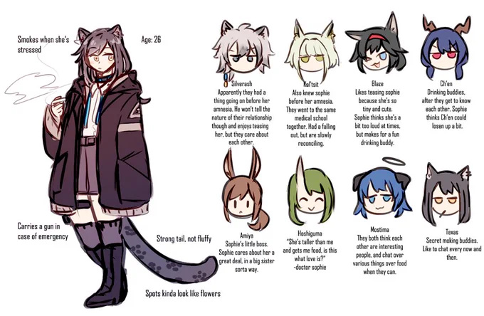 a lil sophie ref i decided to throw some colors on, ft more doodles of her and her very tall ceo friend 
