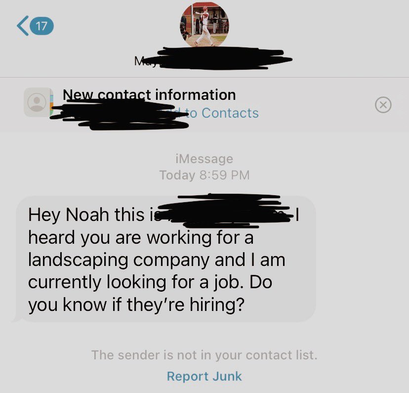 Noah just got another text today. Happy he got a job, hope he hooks his friend up for the connect somehow.