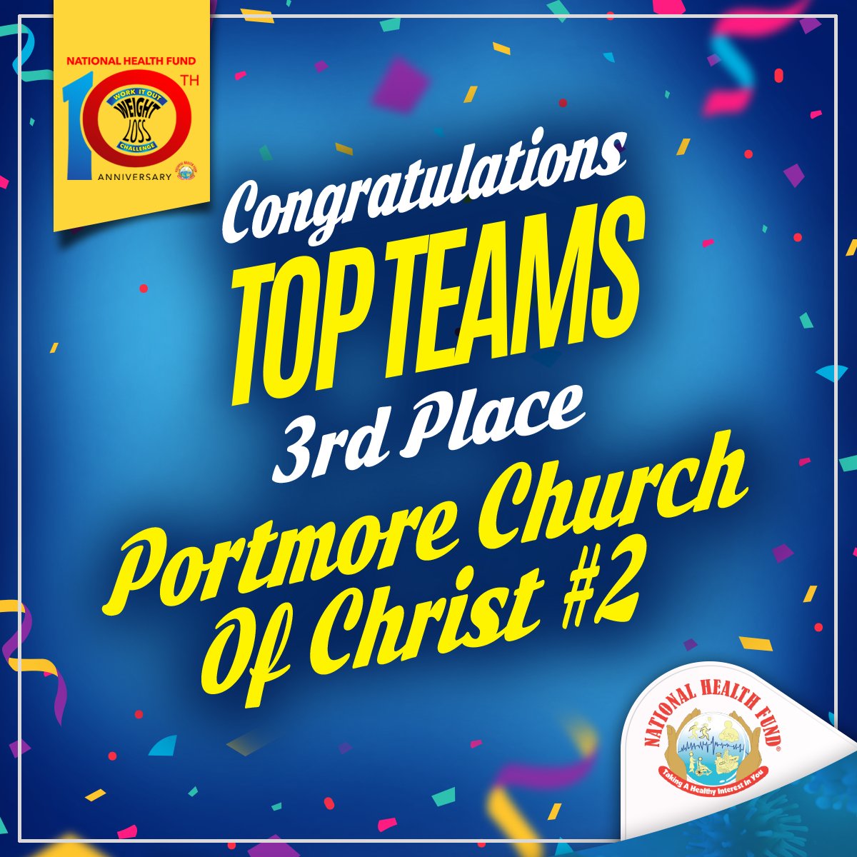 NHFJamaica's tweet photo. A special congratulations the teams that came out on top. The winning team for the 10th Anniversary Work-It-Out Challenge is Portmore Church Of Christ #1. Team Wellness was the second-place winner and Team Portmore Church Of Christ #2 is the third-place winner.
#WorkItOutLive https://t.co/LYGulKgsQY