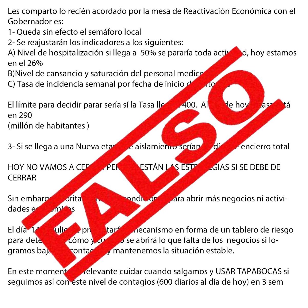 #FakeNews

Exhortamos a la población a no dejarse engañar ni compartir #NoticiasFalsas que sólo tratan de afectar la recuperación económica de #QuintanaRoo. 

#QuintanaRoo continúa en semáforo naranja y cada jueves el gobernador Carlos Joaquín actualiza esta información.