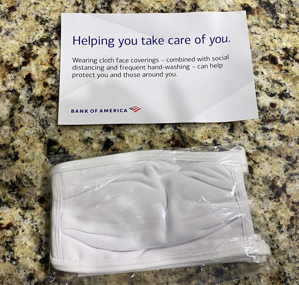 Thank you <a href="/BankofAmerica/">Bank of America</a> for taking care of your employees. I received my five masks at my house today!