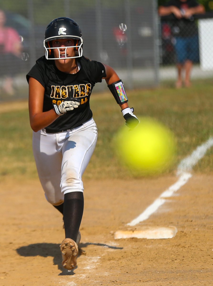 MikeDarnay's tweet photo. Jaguars FP’s Lily Rockwell takes a lead from third base as a pitch makes its way to the plate during the Mon Valley Independent Senior Swing Softball Tournament. https://t.co/hDqJvjdd2s