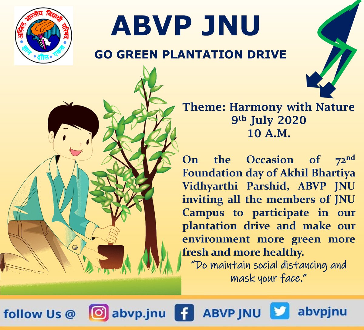 abvpjnu's tweet photo. On the occasion of 72nd Foundation Day of Akhil Bhartiya Vidhyarthi Parishad, ABVP JNU will conduct a plantation drive for making our environment more green , more healthy. 

Necessary precautions will be undertaken. 

10 AM
9th July, 2020 https://t.co/YeHBu3IKwq