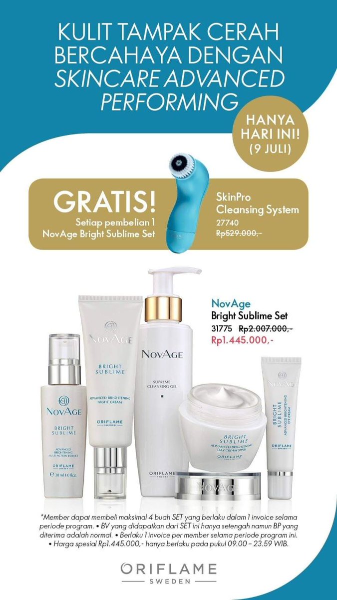 aaanikp's tweet photo. Maksimalkan perawatan wajahmu dengan rangkaian lengkap NovAge Bright Sublime! Karena hanya di tanggal 9 Juli 2020 saja, kamu bisa dapatkan GRATIS 1 buah Skinpro Cleansing System untuk setiap pembelian NovAge Bright Sublime Set! Jangan sampai kehabisan ya. https://t.co/wWlJL8084n
