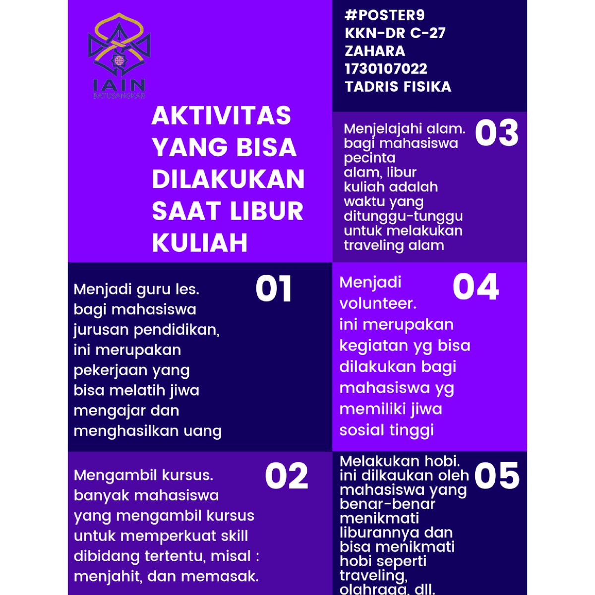 1chjaa's tweet photo. #posterke9 📌 KEGIATAN YG BISA DILAKUKAN SAAT LIBUR KULIAH 
Mohon like dan komen yaa https://t.co/qkovPe8np4