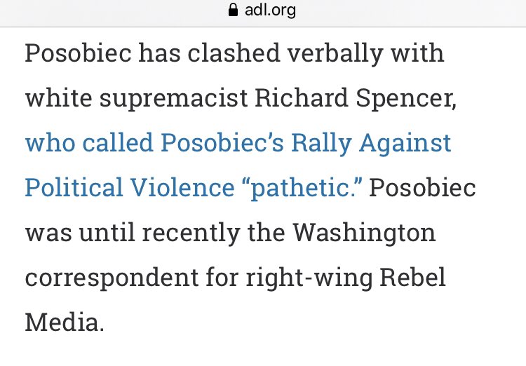June 2017,  @JackPosobiec organized a new rally “after learning that racists & anti-Semites would be allowed to voice their views” at the original rally. “Posobiec has clashed verbally with white supremacist Richard Spencer who called Posobiec’s Rally... ‘pathetic.’” (Source: ADL)