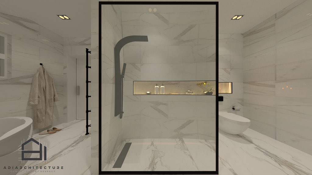 المشروع: تصميم داخلي لدورة مياه 
تصميم: مزنه الكندي 

الطابع: حديث 

<a href="/AdiArchitecture/">Adi Architecture</a> 
.
.

#adiarchitecture #adi_architecture #design #masterbedroom #master #bed #room #grey #interiordesign #interiors #interiordesigner #modern #bathroomdesign #bath #light #shadow #muscat #oman