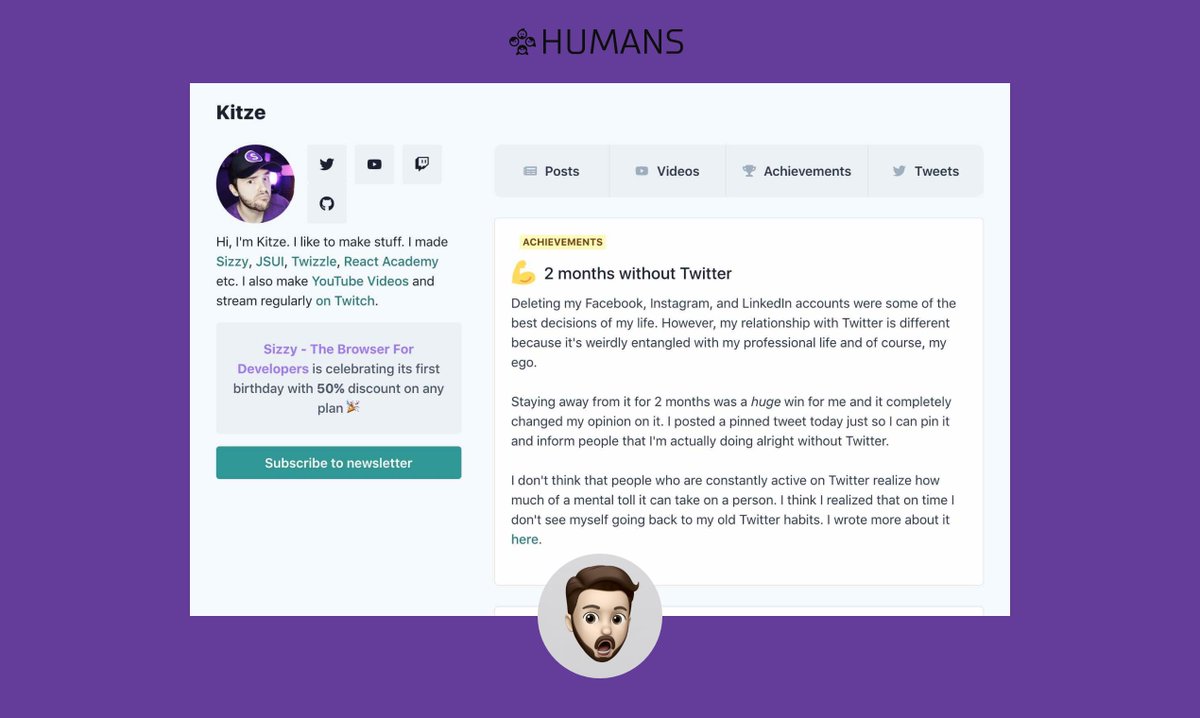 HumansFyi's tweet photo. 👋

Our personal site of the day goes to the prolific maker, JS wizard instructor and twitcher, @thekitze.

The site just got a fresh coat of paint 🖌️and now gives you this hero's articles, videos, memes &amp; favorite tweets in one place.

👀👉 https://t.co/R864WzufXh

#humans https://t.co/ncsORaKUGm