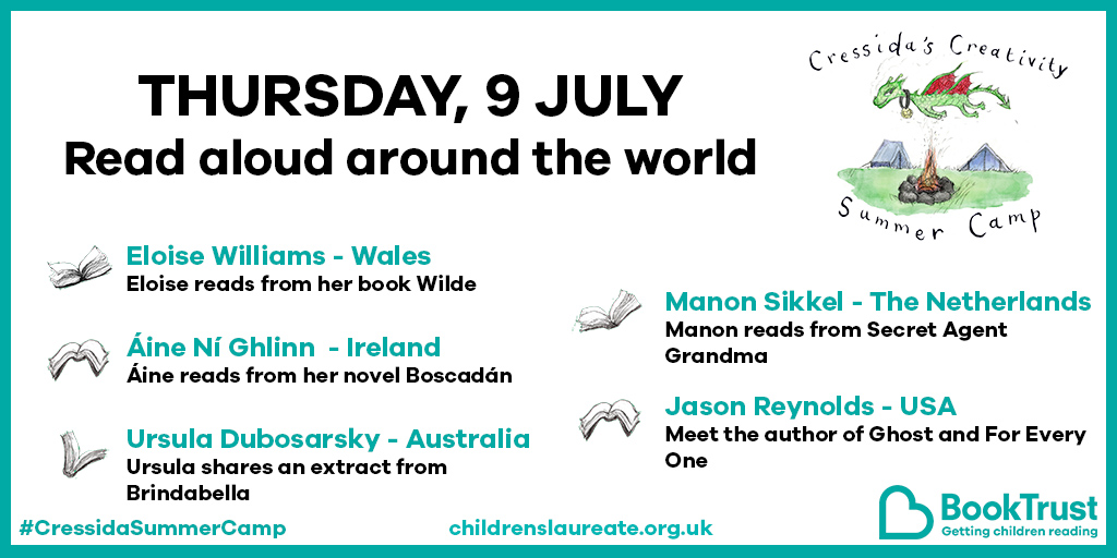 UKLaureate's tweet photo. We can't believe we're on Day 4 of #CressidaSummerCamp already! What an amazing week it's been so far, and today we're going GLOBAL with laureates from around the world 🌎 @Eloisejwilliams, @JasonReynolds83, @ManonSikkel, @Ozlaureate and @LaureatenanOg #MagicIdeas https://t.co/Uutp8I7ltR