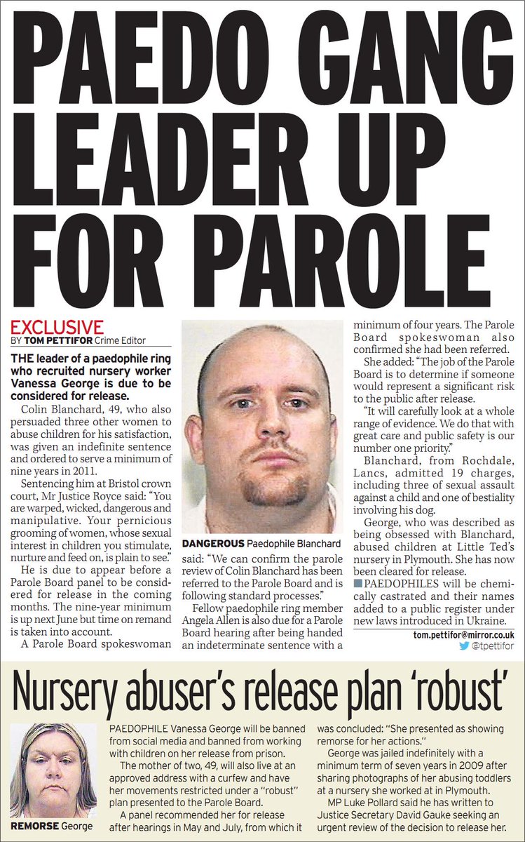 PAEDO GANG LEADER UP FOR PAROLE
Nursery abuser's release plan 'robust'
Daily Mirror 19-08-19, p23