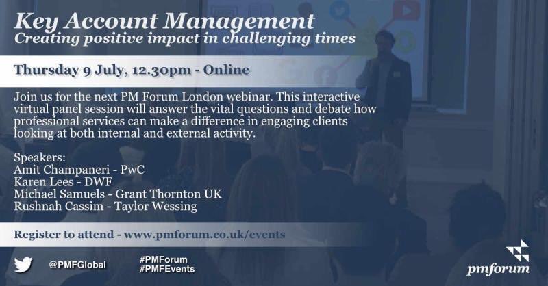 Delighted to be speaking & moderating @PMFGlobal’s #Webinar on #KeyAccountManagement with an esteemed #panel on how to create positive impact for #clients in challenging times today at 12.30pm👇🏽Register here > bit.ly/london9july #ProfessionalServices
#Marketing #BD #PMForum