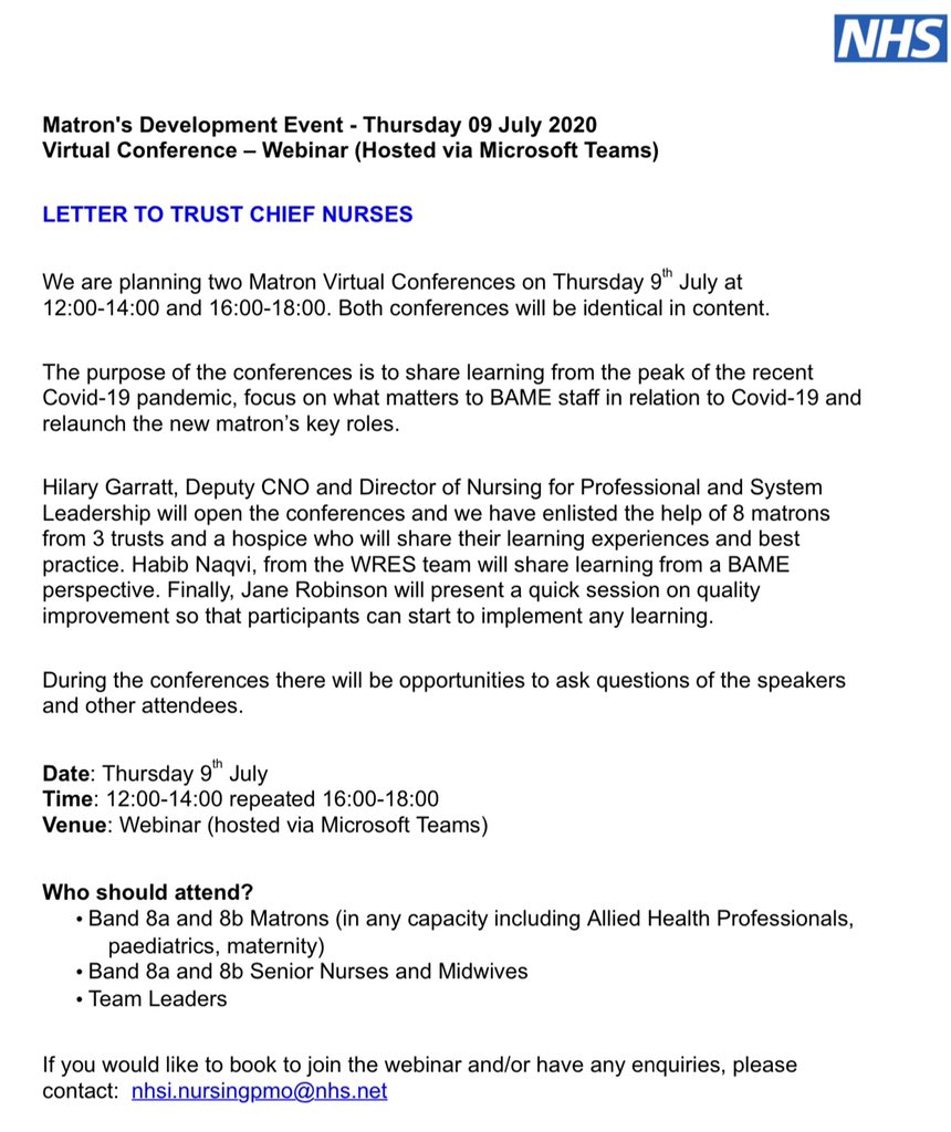 Looking forward to presenting @NHSEngland Matrons Covid-19 Virtual Conference 09.07.2020 today. @KingsCollegeNHS medical matrons Anna & Denise will be presenting as well as representations from @ulht_news @GEHNHSnews @Hospiscare. Sessions 12-2pm & 4-6pm @paulmreeves1