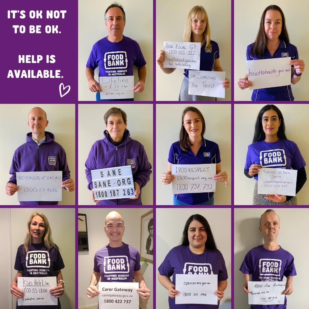 FoodbankAus's tweet photo. We’re here to wrap our arms around you and be here as long as needed, but sometimes more than a meal is needed. 
If you, or someone you know is struggling with feelings of despair, sadness, anger, fear or anxiety, please know it’s okay NOT to be okay, and that help IS available. https://t.co/kUnE8U4t8T