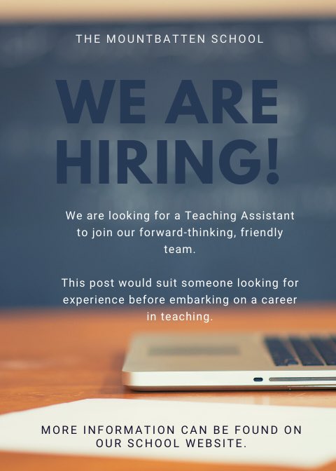 We are looking for a Teaching Assistant to join our lovely school. Closing date is 13.07.20 and more information can be found here: mountbatten.hants.sch.uk/joining%20us/#… #JobOpportunity #JobVacancy #traintoteach