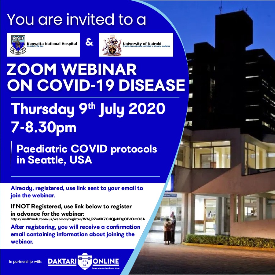 Daktari Online (@daktarionline) on Twitter photo You are invited for a CME this evening on Paediatric COVID-19 Protocols in Seattle USA, hosted by <a href="/KNH_hospital/">Kenyatta National Hospital</a> in partnership with @UoN_CHS and <a href="/DaktariOnline/">Daktari Online</a>.
Register on bit.ly/2LEvDO3
CPD points will be awarded.
#COVID19 #COVIDWebinarSeries You are invited for a CME this evening on Paediatric COVID-19 Protocols in Seattle USA, hosted by <a href="/KNH_hospital/">Kenyatta National Hospital</a> in partnership with @UoN_CHS and <a href="/DaktariOnline/">Daktari Online</a>.
Register on bit.ly/2LEvDO3
CPD points will be awarded.
#COVID19 #COVIDWebinarSeries