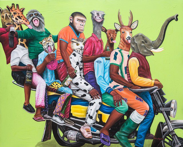 «Le retour du Ndjoka » by Abdias Ngateu

His paintings represent the urban disorder generated by overloaded taxi-motorcycles,called "Bend-Skin" in Cameroon.Abdias explains: "If I represent humans like this,it is because of their inhumane behavior towards others. #contemporaryart