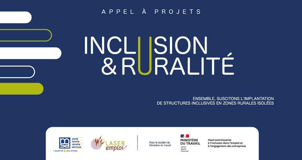 La MSA en partenariat avec @Minist_Travail, <a href="/InclusionEmploi/">Conseil de l’inclusion dans l’emploi</a> et #LaserEmploi lance l'appel à projets #InclusionRuralite ! Sa mission, développer une société plus #inclusive en luttant contre l'éloignement à l'emploi et valoriser les #territoires #ruraux
➡️inclusion-ruralite.msa.fr