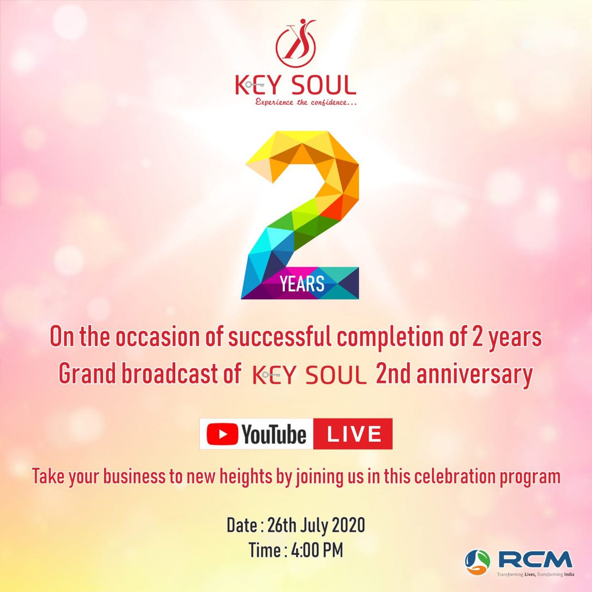 RCMBusiness5's tweet photo. Celebrating Keysoul 2nd Anniversary on 26th July at 4:00 PM.
Join us to know more about the business.
#rcmbusiness 
#livestream 
#YouTube 
#Anniversary https://t.co/8JyBYpDtFO