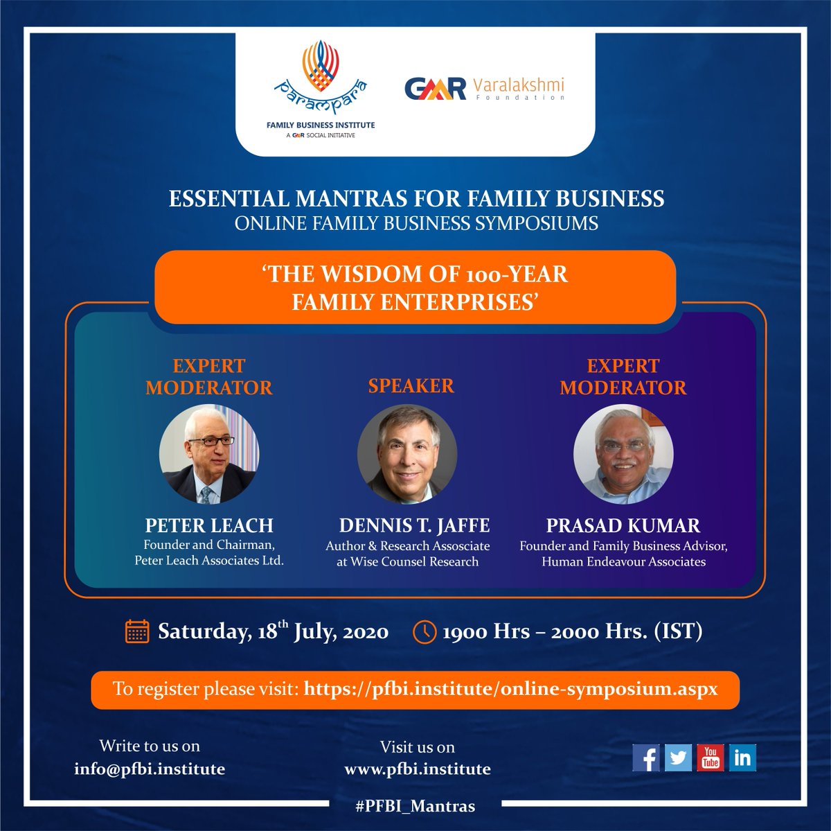 PFBIInstitute's tweet photo. Hey! We are ready with Session-1 with Dennis T. Jaffe.
To read more about the session refer to :
https://t.co/wz9UfauAdR
Don’t delay reserve your seats now, we don’t want to miss on you.
#PFBI #OnlineSymposium #FamilyBusiness #PFBI_Mantras https://t.co/C044Y6sOS4