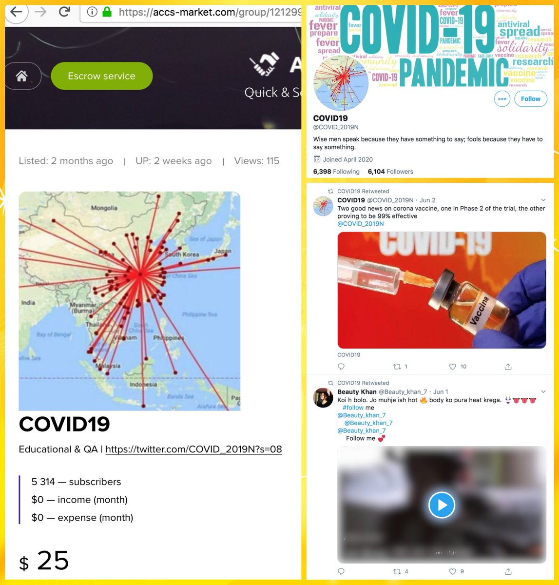 If you don't have much cash to spend,  @COVID_2019N (permanent ID 1246497827728977920) is a bargain at only $25 - that is, if what you're after is a supposed COVID19 account that retweets porn videos. Also animal and scenery pics.