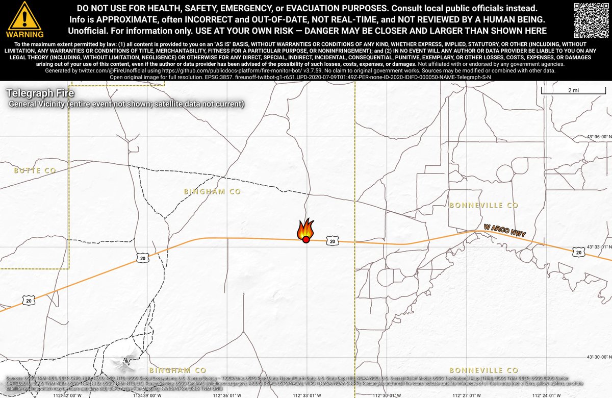 NRockFireBot's tweet photo. #TelegraphFire 🔥 unofficial, automated update.
~15mi ENE of Atomic City, ID. ⚠️ DO NOT USE FOR SAFETY PURPOSES - See officials instead. May be incorrect; disclaimers in images. https://t.co/ffcTIMK8gK