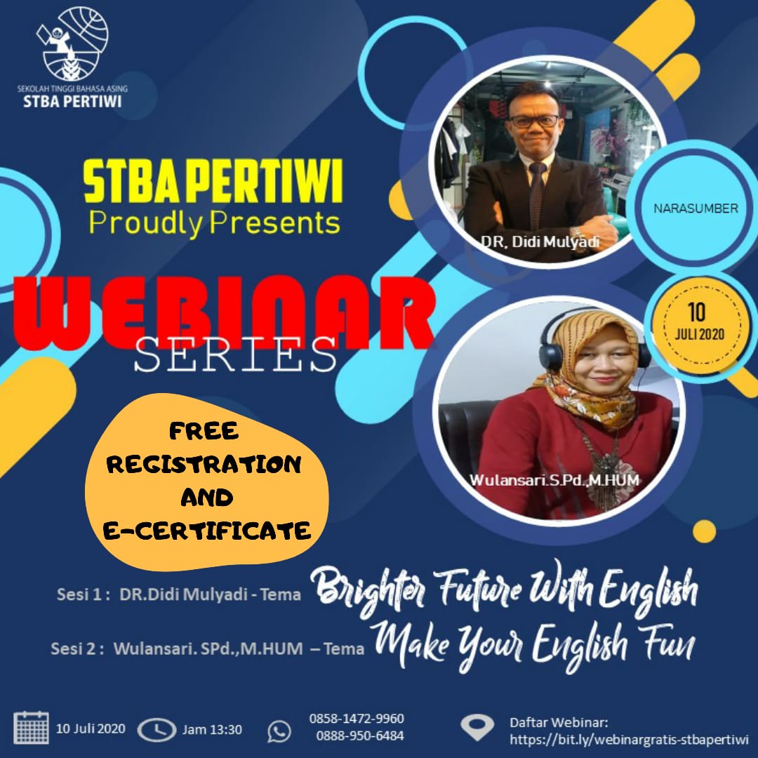 Harisdwi57's tweet photo. Webinar “ Brighter Future with English &amp; Make Your English Fun “
JUMAT, 10 JULI 2020
JAM 13.00 - SELESAI
Talkshow ini Terbuka untuk Mahasiswa Baru &amp; Siswa/I SMA/K Sederajat. 
Link Pendaftaran Webinar : https://t.co/2Qgy5S8tmY
Contact : 085215363413 (Desy)
#webinar #seminar https://t.co/zahN8fUxUF